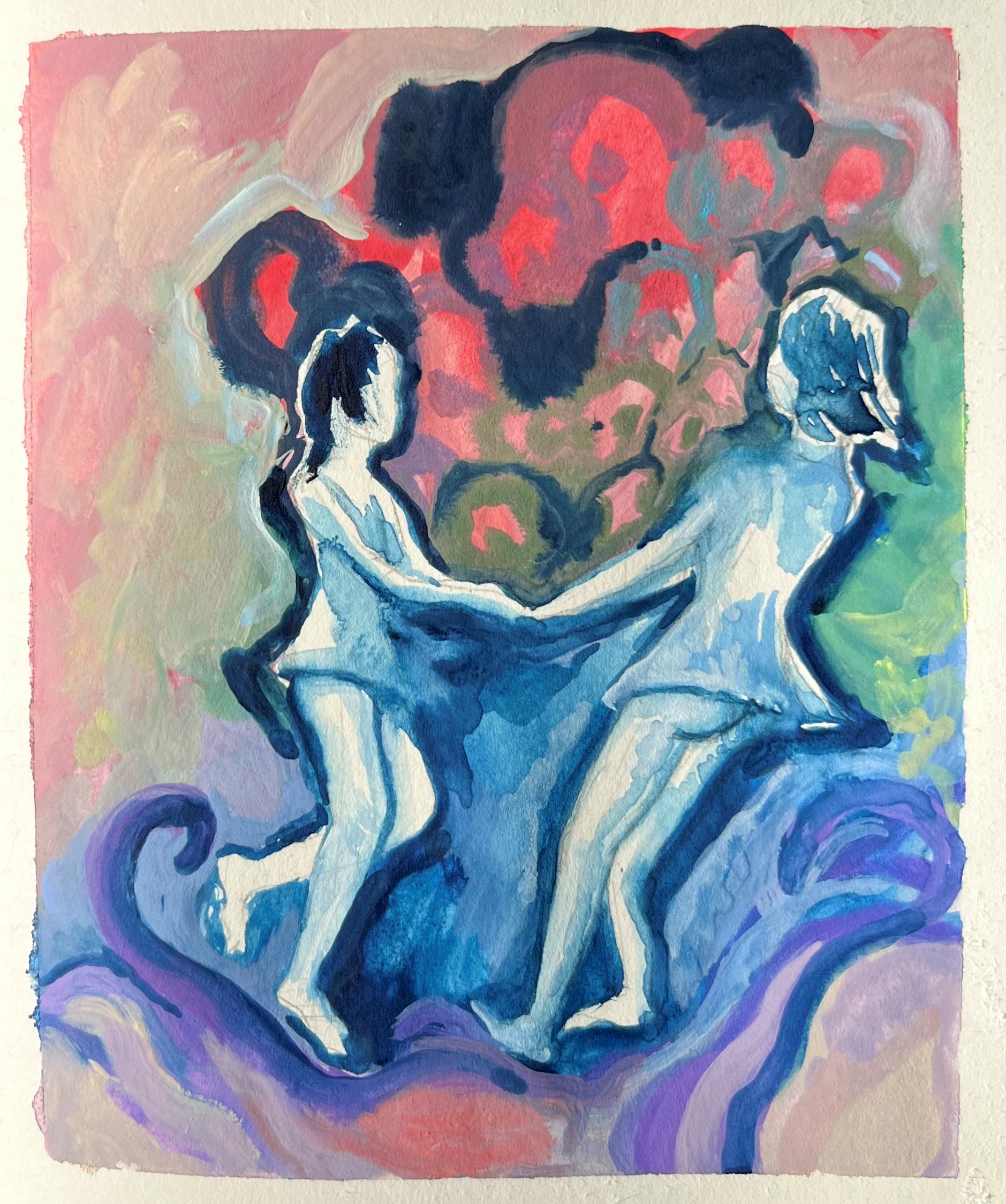 Two figures in short dresses hold hands against a colorful background of cloud-like shapes.