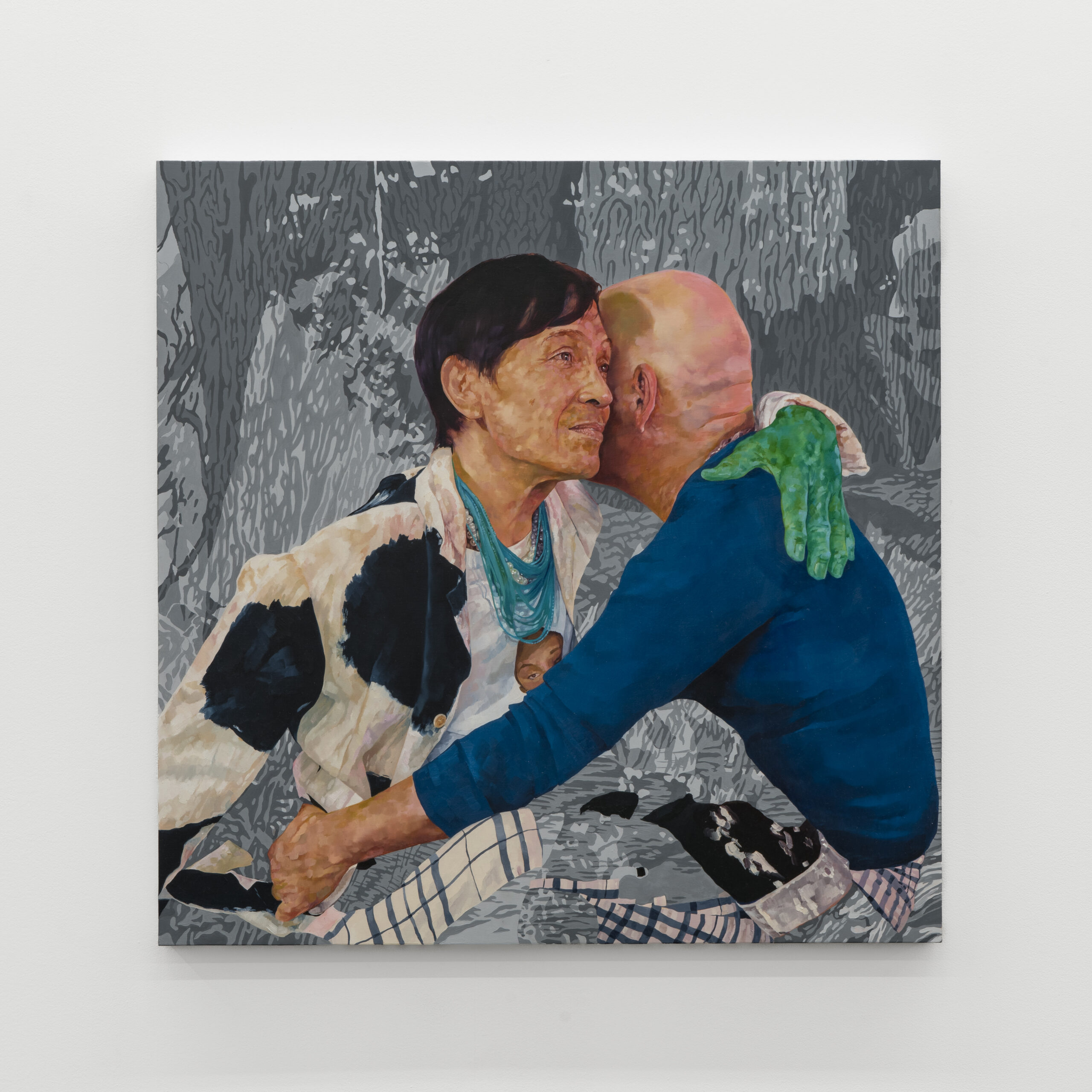 A square oil painting of a couple embracing in front of greyscale foliage.