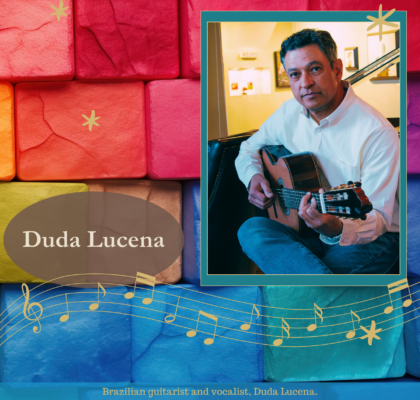 Brazilian musician Duda Lucena is a man with medium-toned skin, seated with an acoustic guitar.