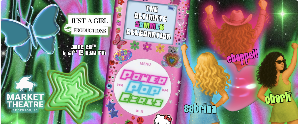 Neon text and shapes including butterflies, stars, and flowers, and three women with raised fists.