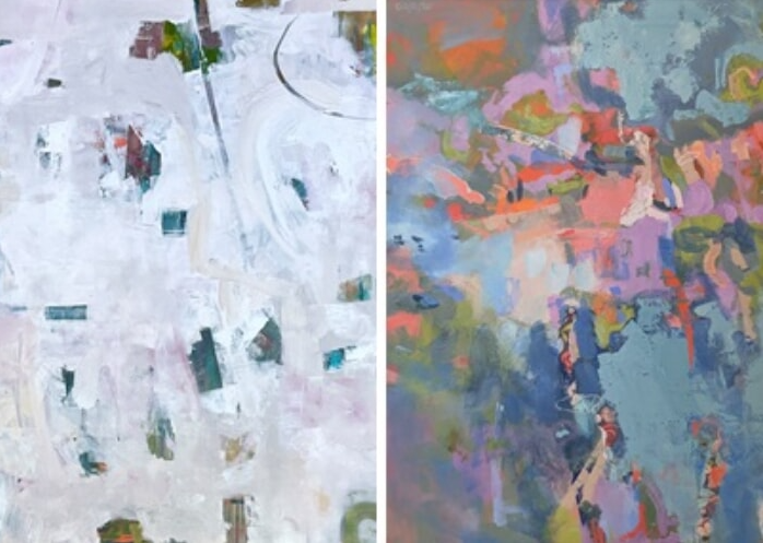 Two paintings: one white with muted patches, one more densely colored.
