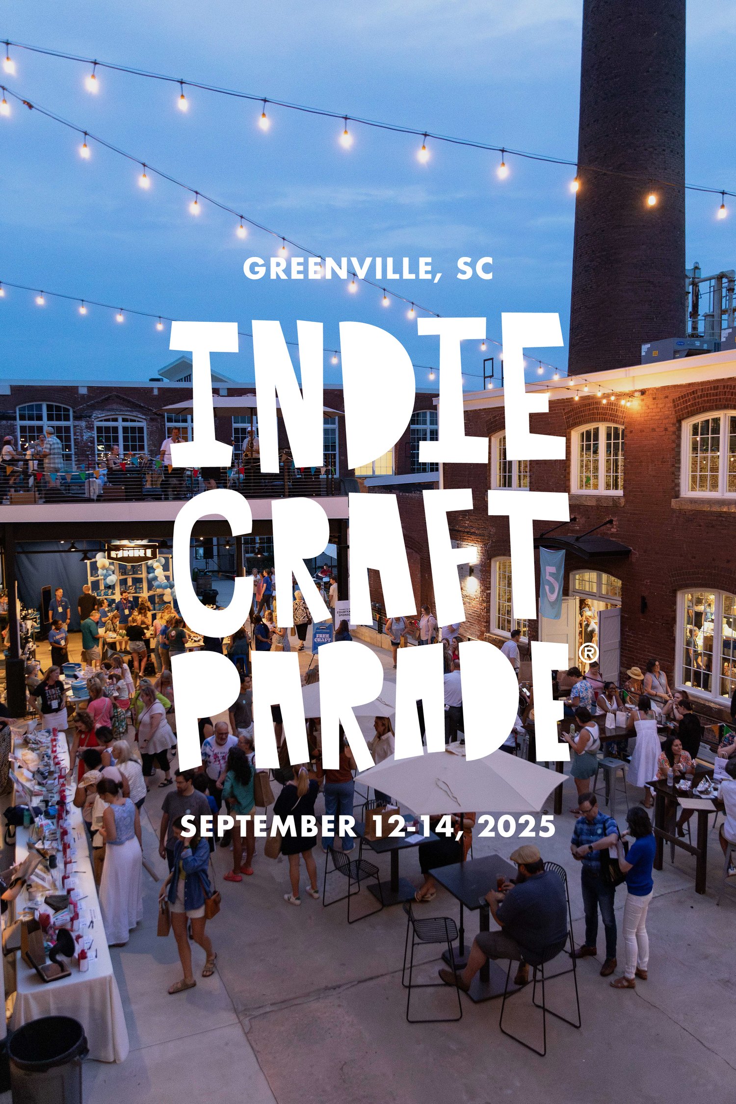 An outdoor craft festival at dusk, with booths and tables displaying wares and a crowd shopping.