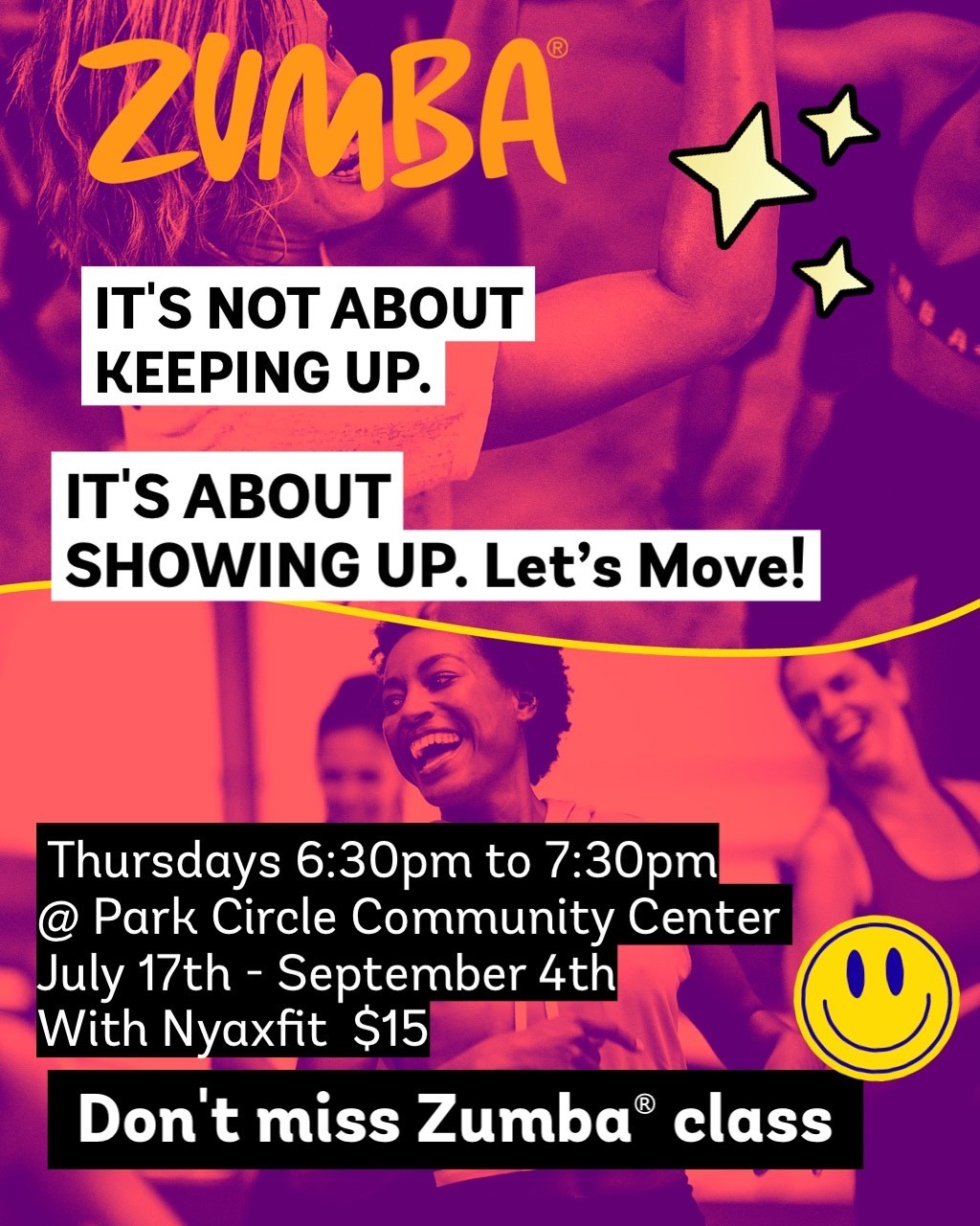 Women of varying skin tones, smiling and laughing as they participate in a Zumba class.