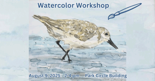 A watercolor painting of a small white bird standing in shallow blue water.