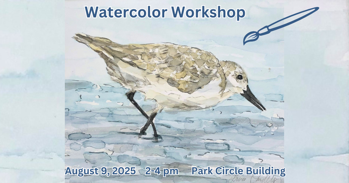 A watercolor painting of a small white bird standing in shallow blue water.