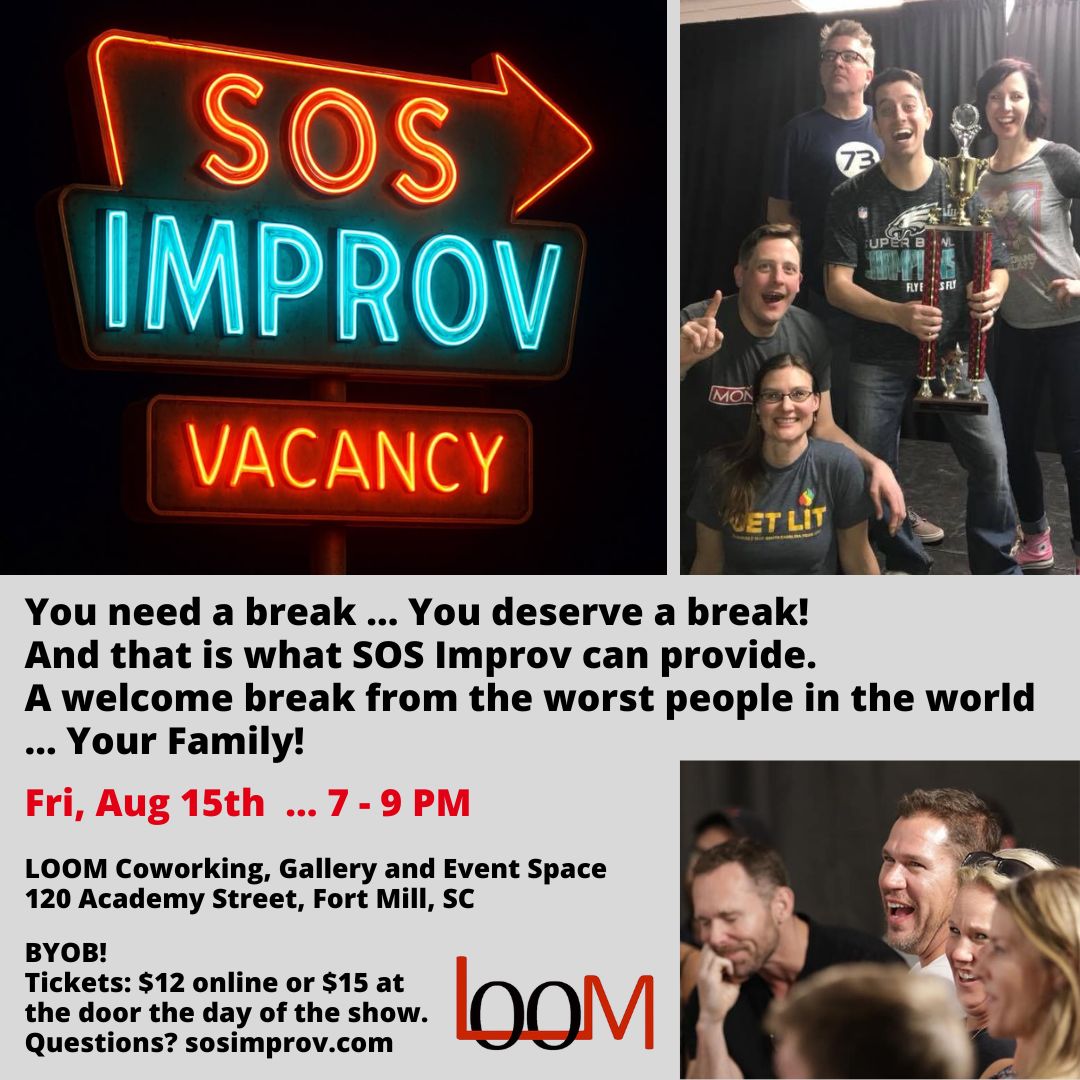 A motel-style sign reads "SOS Improv" and "Vacancy." Actors pose with a trophy. An audience laughs.