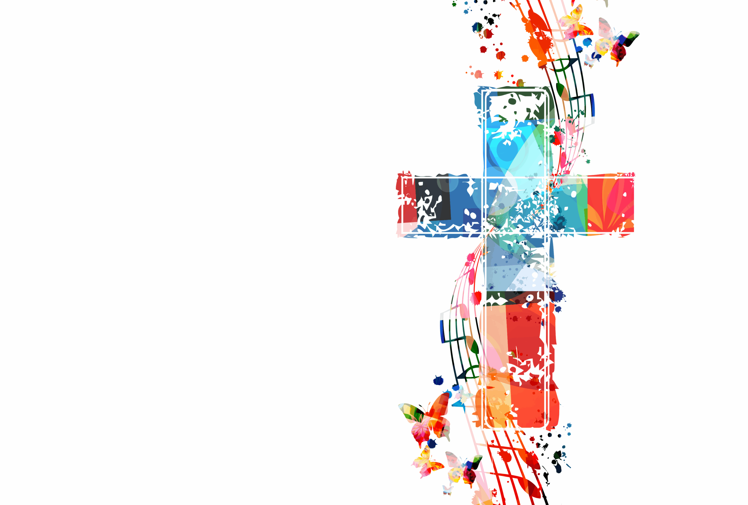 A cross, music notes, and butterflies, rendered in multicolored paint.