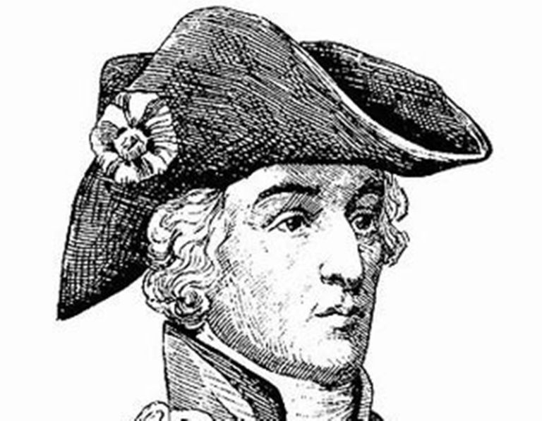 Pen and ink drawing of a man wearing a powdered wig and tricorn hat.