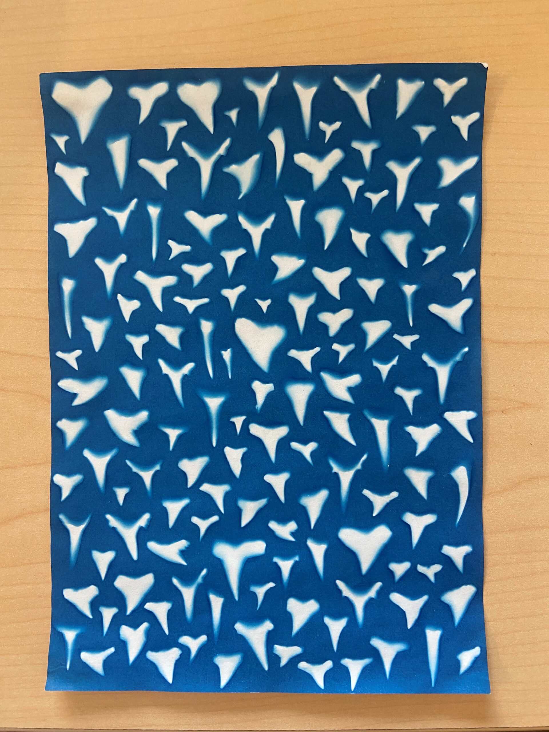 A blue cyanotype print with white sharks' teeth.