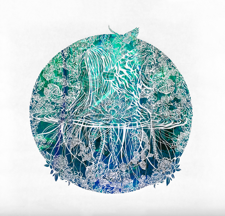 A circular artwork in shades of blue and green, with intricate white lined details.