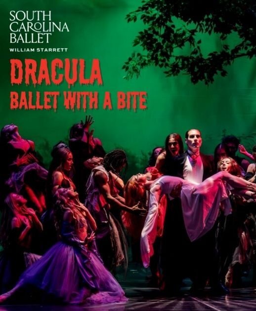 Ballet dancers depict a night scene of Dracula holding an unconscious woman, surrounded by vampires.