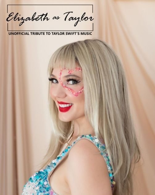 A Taylor Swift lookalike poses, smiling, in theatrical makeup and a sequined dress.