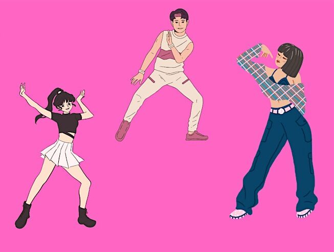 Three stylized animated figures performing K-Pop dance moves against a vibrant pink background.