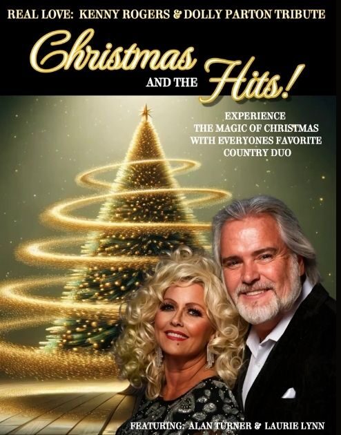 Kenny Rogers and Dolly Parton tribute artists pose in front of a Christmas tree graphic.