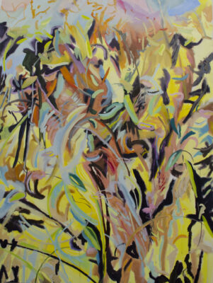 An abstract painting primarily in shades of yellow and gold.