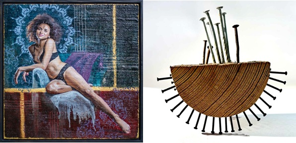 2 artworks: a BIPOC woman in lingerie leans and smiles; a wooden half circle with nails protruding.