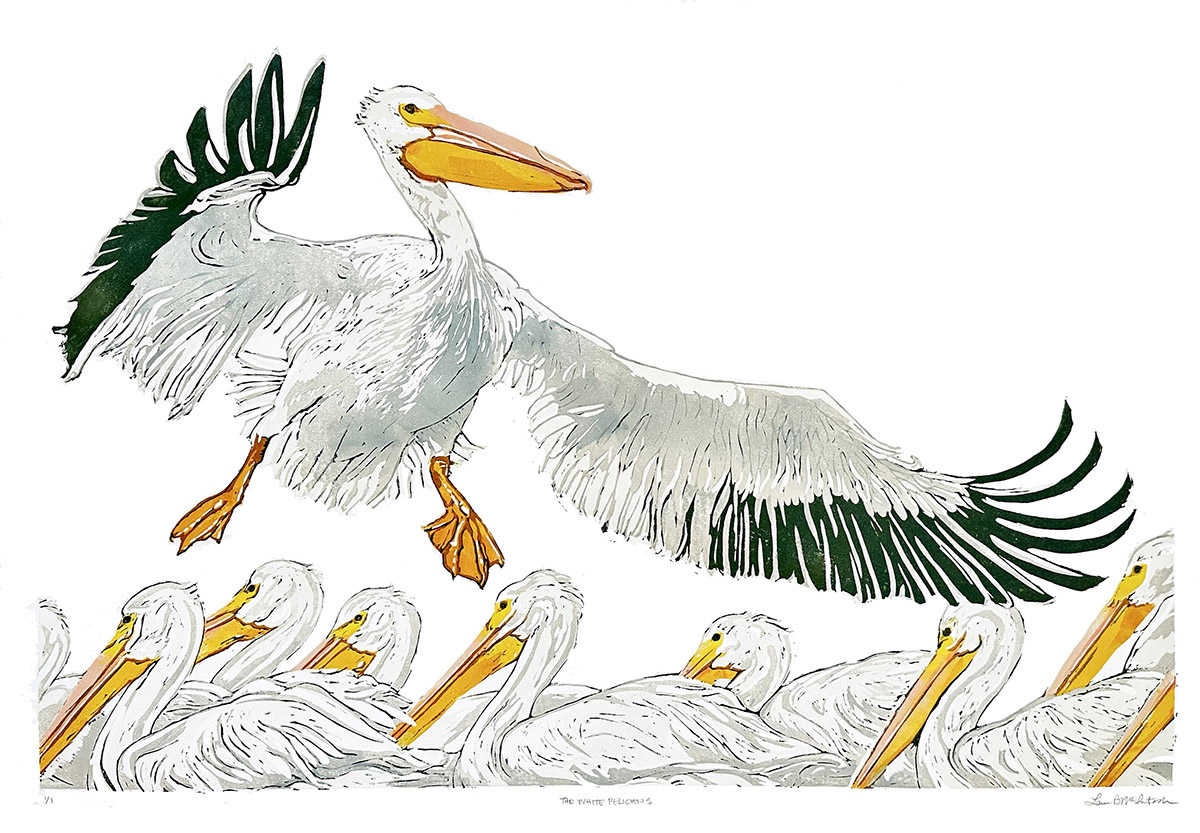 A linocut artwork of white pelicans with yellow beaks. One bird flies above the others at rest.
