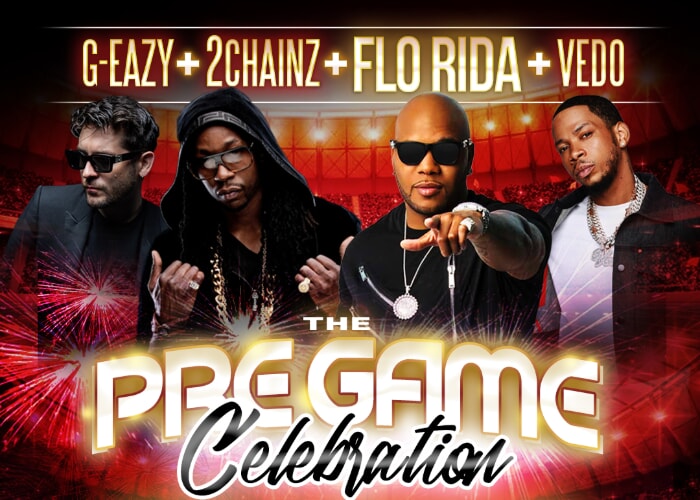 A pre-game celebration event is advertised as featuring G-Eazy, 2 Chainz, Flo Rida, and Vedo.