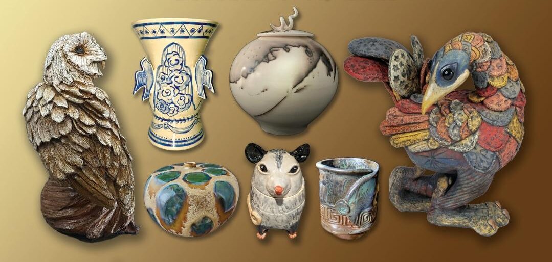 Ceramic works including birds, a mouse, vases and vessels.