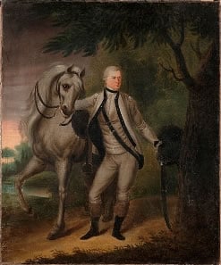Painting of a man in American Revolutionary War era, holding the bridle of a horse.
