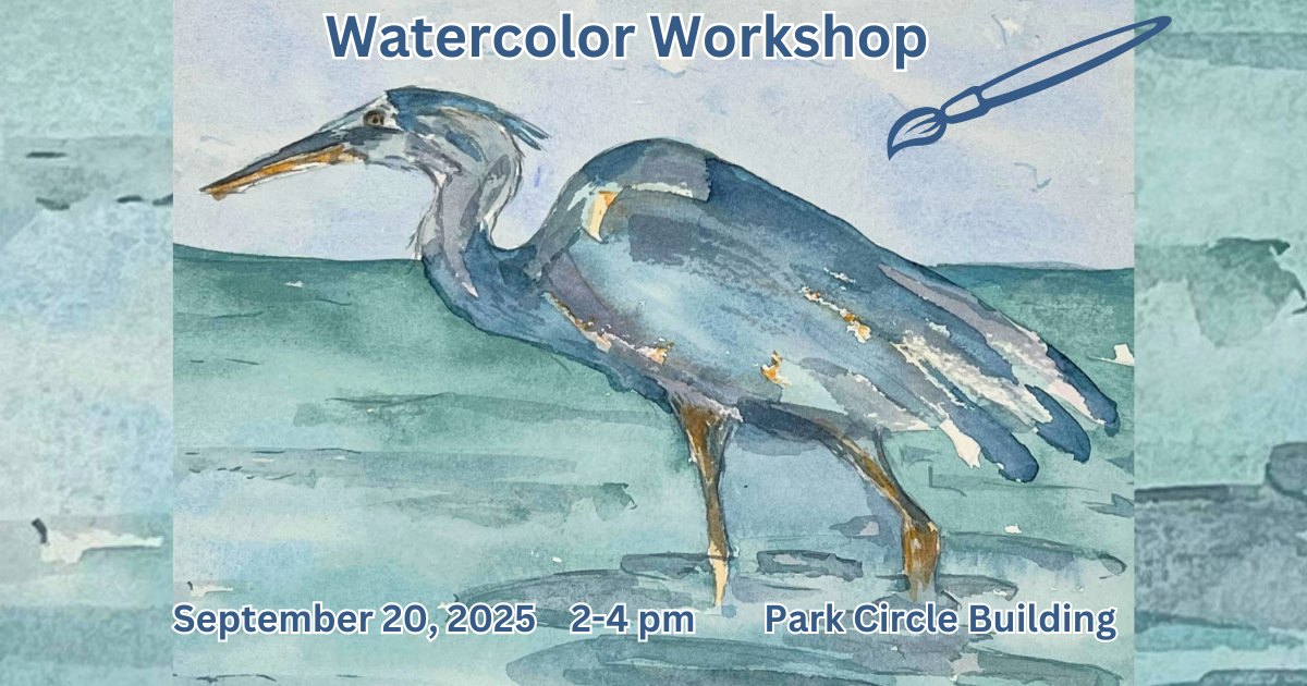 Watercolor painting of a blue heron standing in bluish green water.