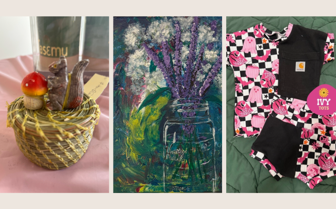 Colalge of pine needle basket, painting, and textiles