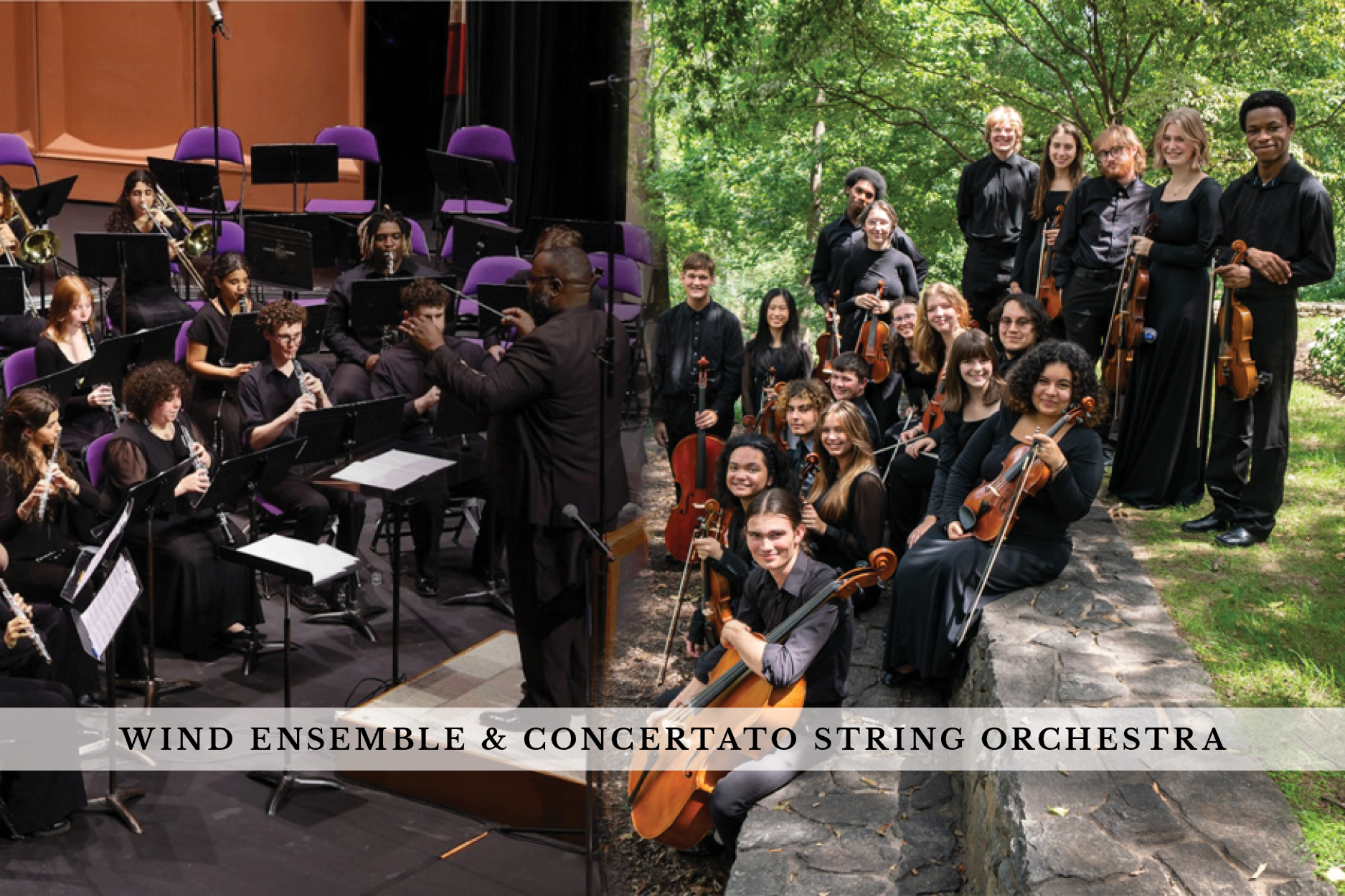 Groups of student instrumentalists pose in performance and outdoors.
