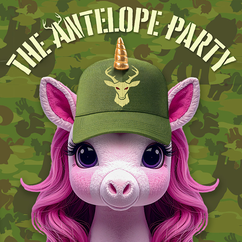 A "My Little Pony" stuffed animal in an olive green cap with an antlered deer & a gold unicorn horn.