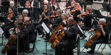 Seated orchestra members playing stringed instruments including violin and cello.