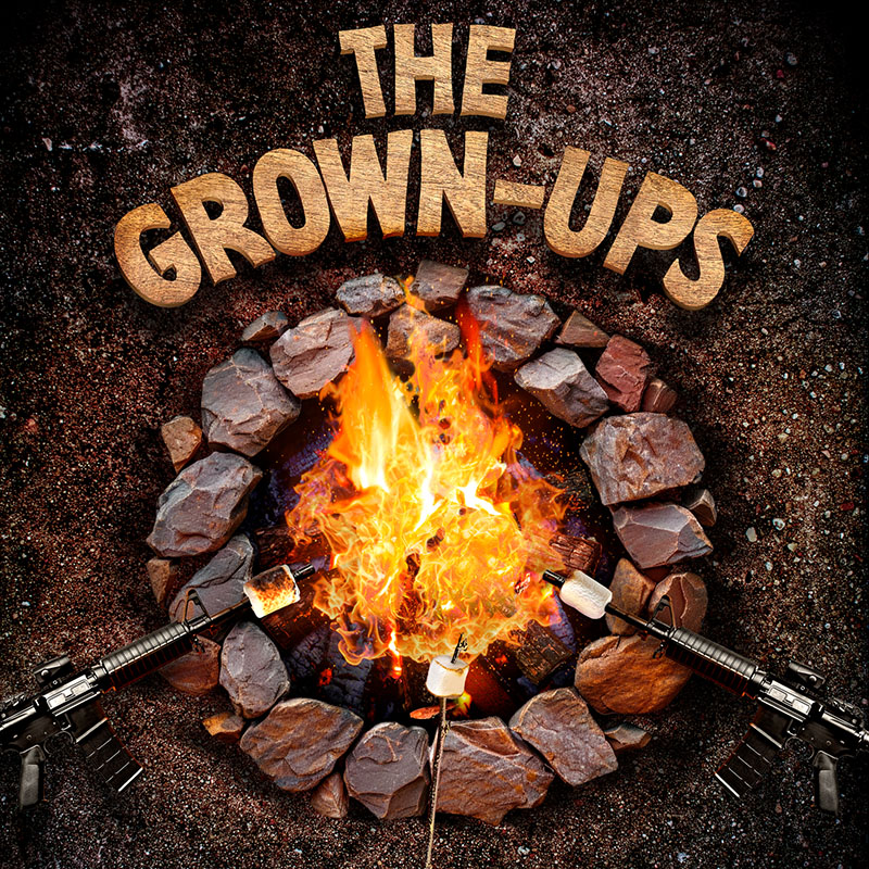 A campfire with marshmallows being roasted, but two of the three roasting sticks are machine guns.