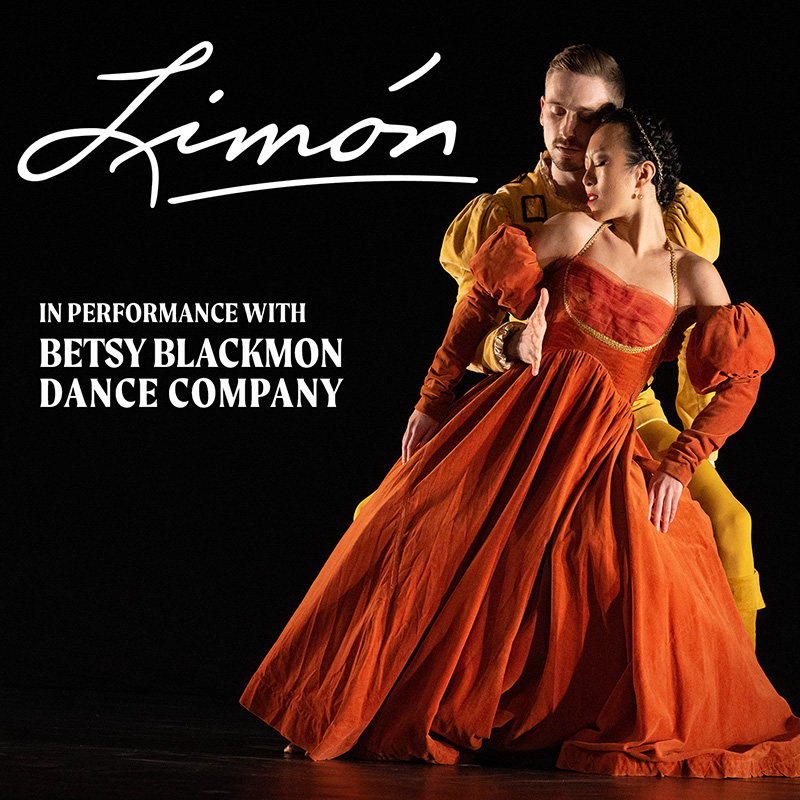 A pair of dancers in Renaissance costumes, moving closely with eyes closed.