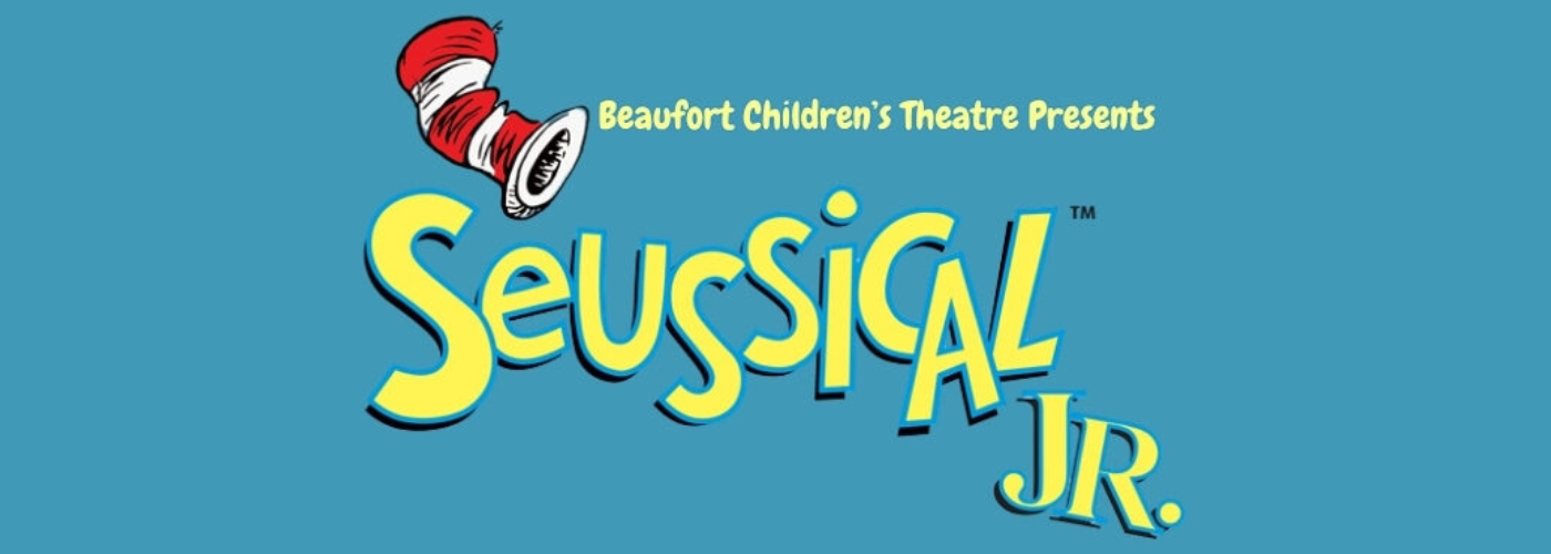 Red and white striped Dr. Seuss hat. Stylized yellow text reads "Seussical Jr." Blue background.