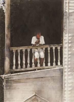 Painting of a Black youth in three quarter view at an exterior upstairs balustrade.