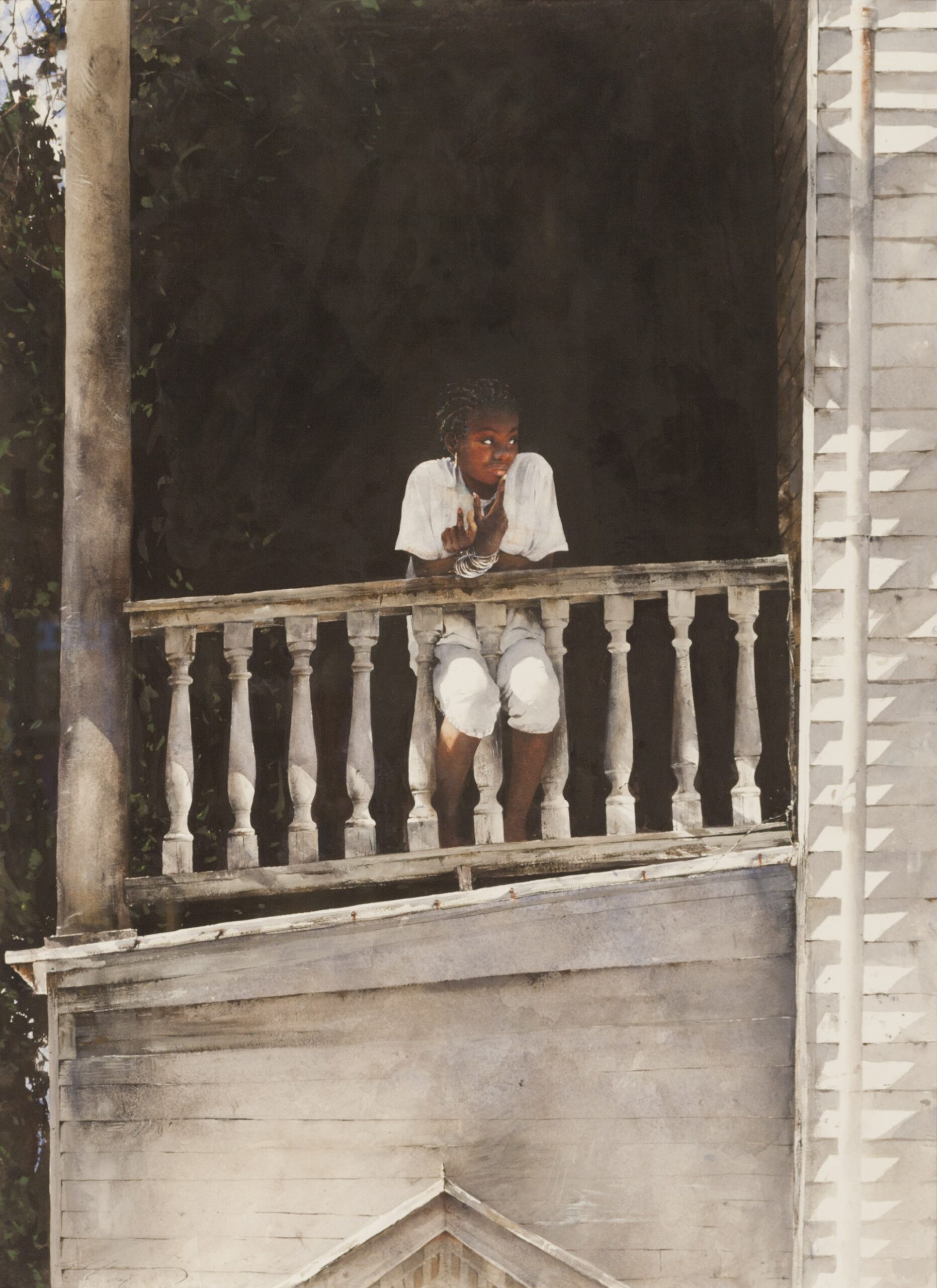 Painting of a Black youth in three quarter view at an exterior upstairs balustrade.