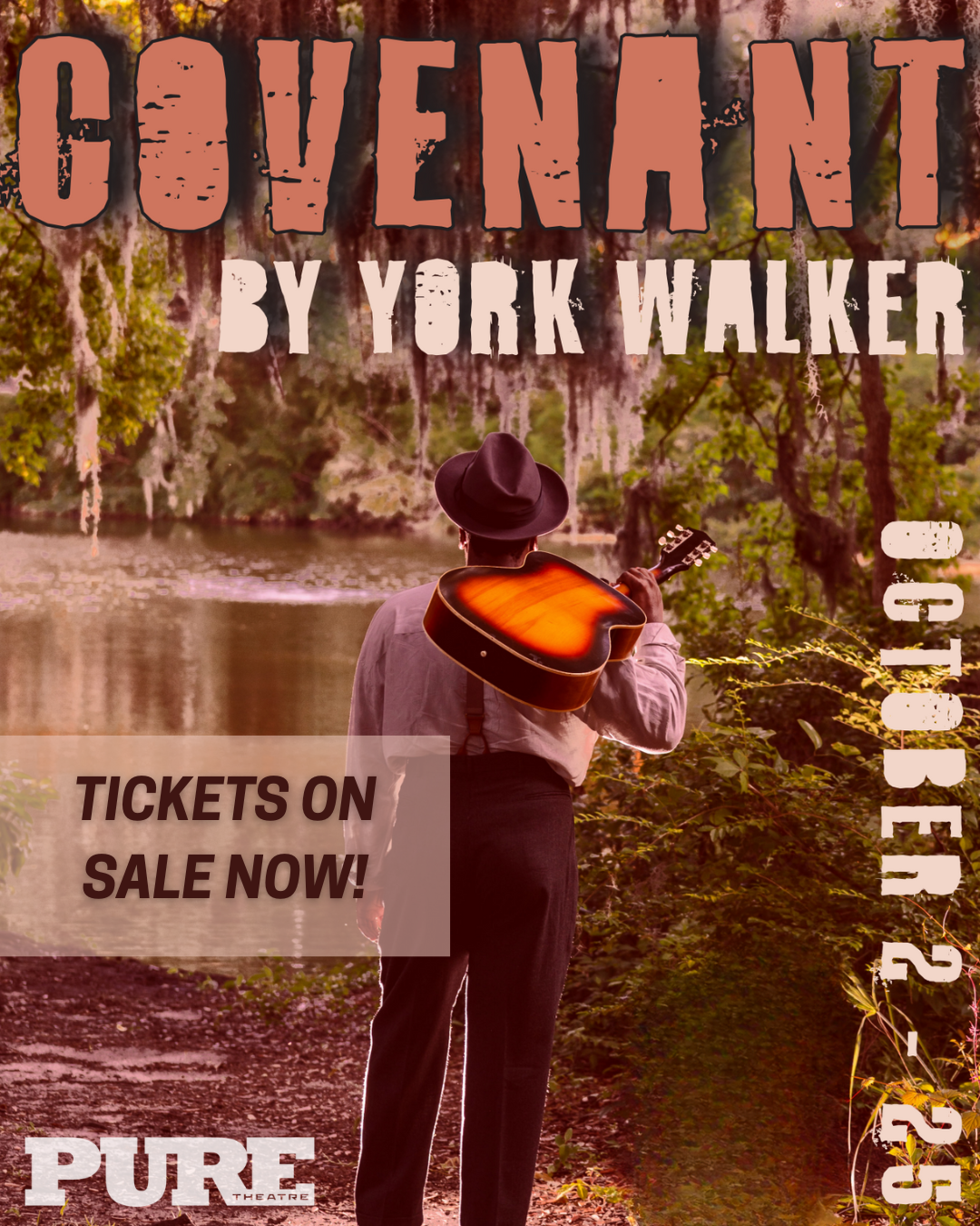Man standing looking at a marsh with his guitar over his back