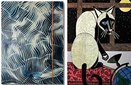 Wavy dark lines in an abstract painting by Ty Davis, and a linocut of a cat by Cat Wondergem.