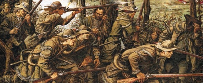 Revolutionary War soldiers crouch and take aim on the battlefield.