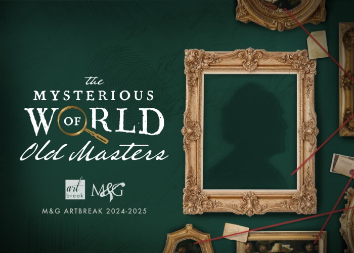 Antique frames connected by red strings on a green wall. The central frame has a man's silhouette.