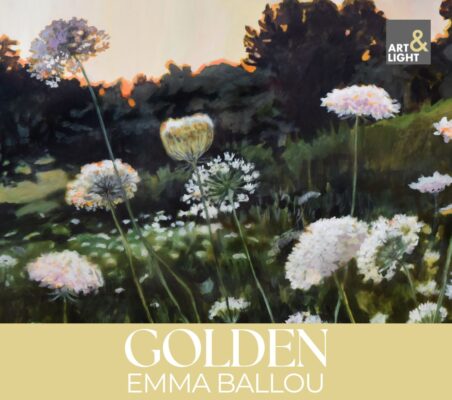 Blurred rendition of white flowers growing in a green field surrounded by trees.