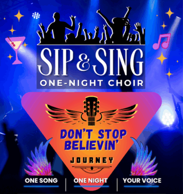 Drawing of a guitar with feathered wings. Clip art martini glass, music notes, & a crowd cheering.