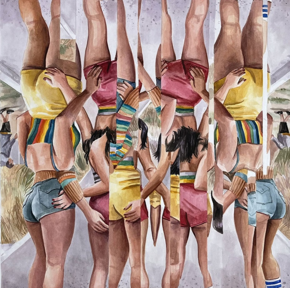 A segmented and reordered painting of three women with arms around each other.