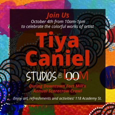 An abstract background in bright colors with curved shapes and dots.