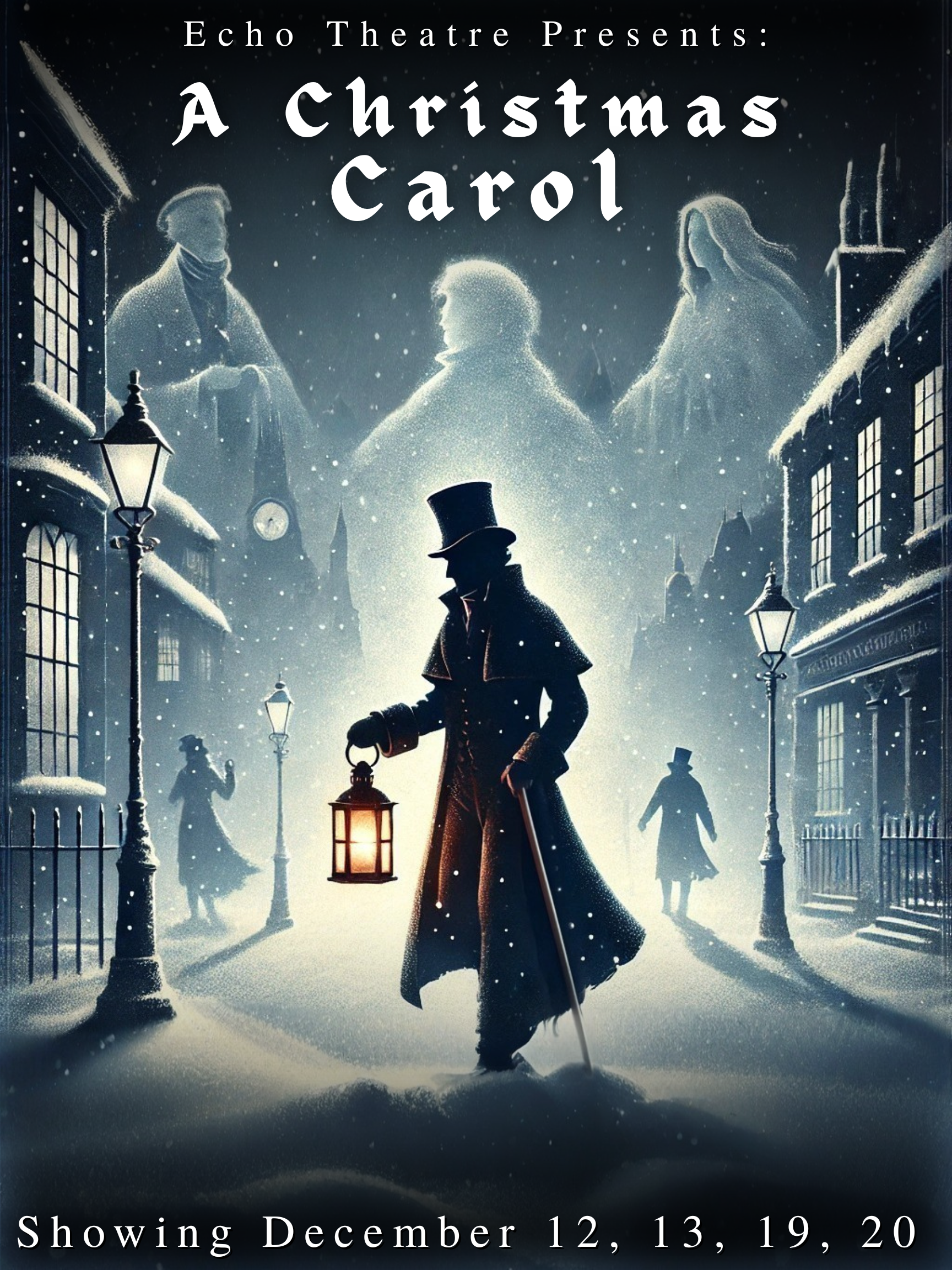 A shadowy figure in Victorian dress walks with a cane on a dark, snowy street, holding a lantern.