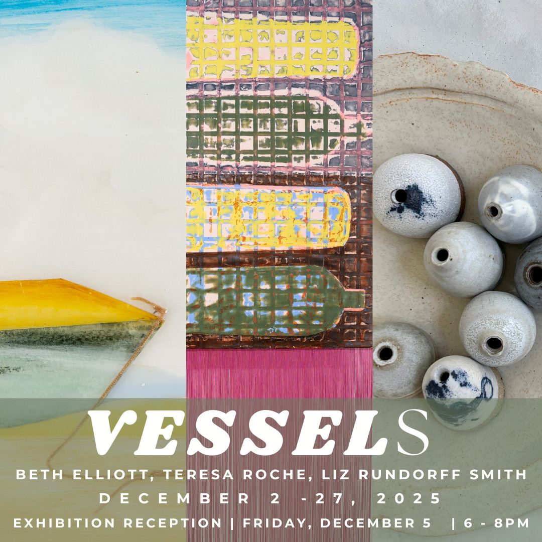 Art exhibition flyer featuring a yellow boat, layered painting, and ceramic vessels.