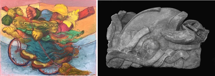 Intertwined, distorted figures ride a bicycle. A large stone fish with a human hand in its mouth.