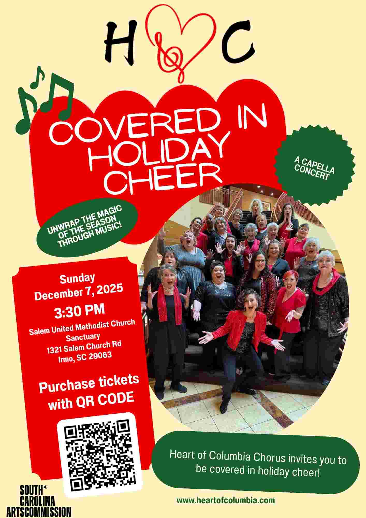 A group of women wearing black and red poses on a staircase with mouths wide open, as if singing.