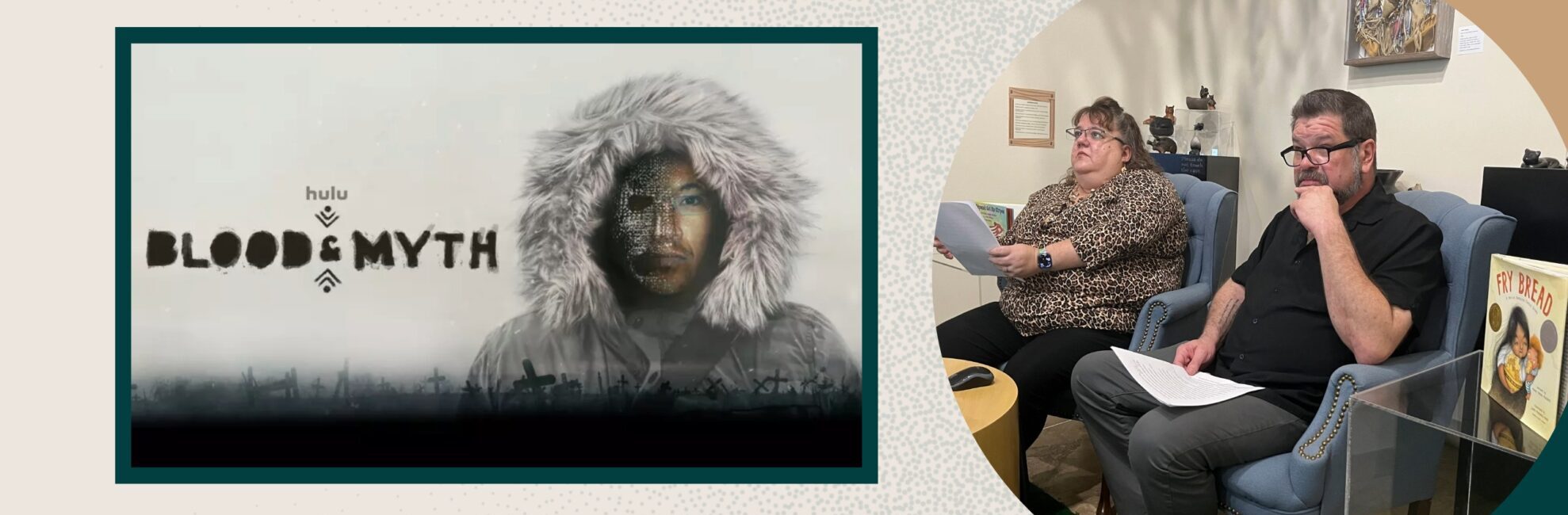 A man in a snow parka with a disfigured face, surrounded by images of crosses on a foggy field.