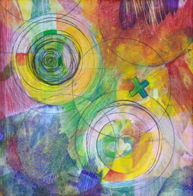 Abstract painting with vibrant circles and lines.