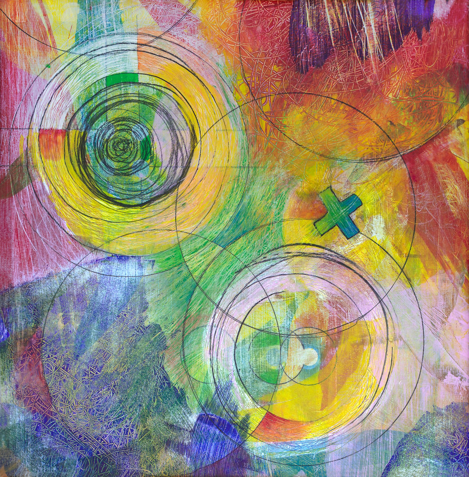 Abstract painting with vibrant circles and lines.