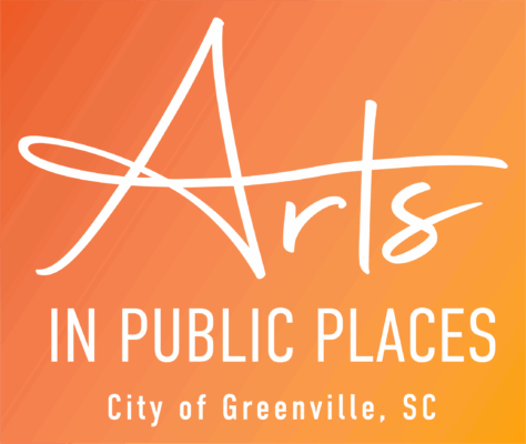 Logo for Arts in Public Places, City of Greenville, SC. White text on a gradient orange background.